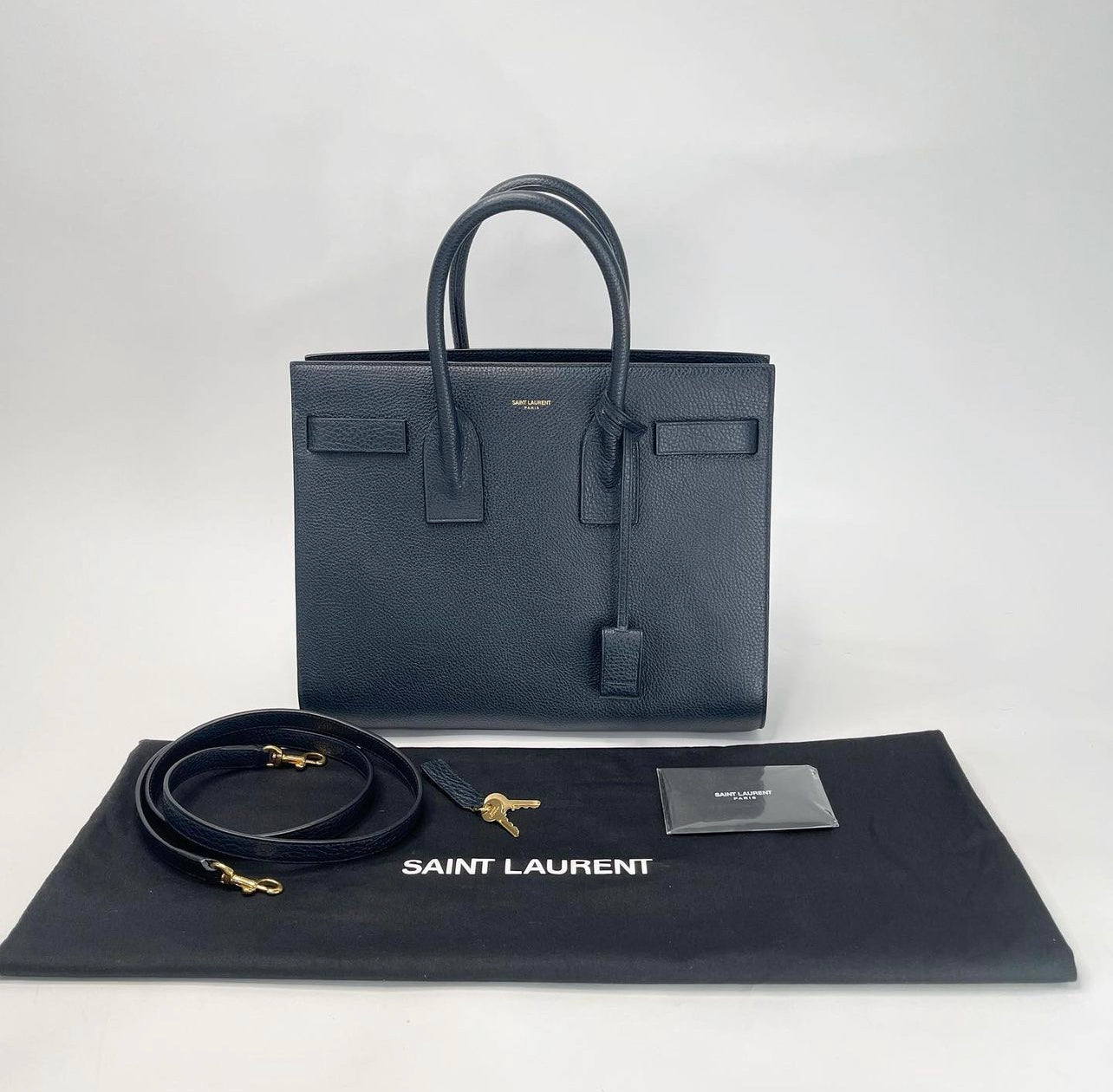 SAINT LAURENT NAVY PEBBLED LEATHER SAC DE JOUR 2 WAY TOTE BAG