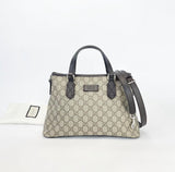 GUCCI GG SUPREME BRN LEATHER TOP ZIP TWO WAY TOTE BAG