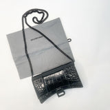 BALENCIAGA BLK CROCODILE EMBOSSED LEATHER HOURGLASS WALLET ON CHAIN BAG