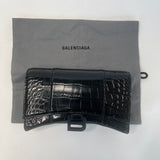 BALENCIAGA BLK CROCODILE EMBOSSED LEATHER HOURGLASS WALLET ON CHAIN BAG