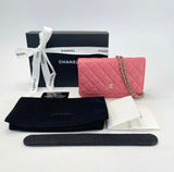 CHANEL CLASSIC WALLET ON CHAIN IN BUBBLE GUM PINK CAVIAR LEATHER W GHW
