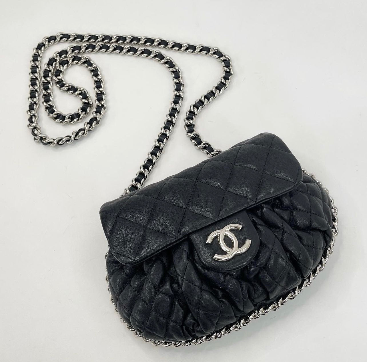 CHANEL Leather Chain Around Flap Bag Silver